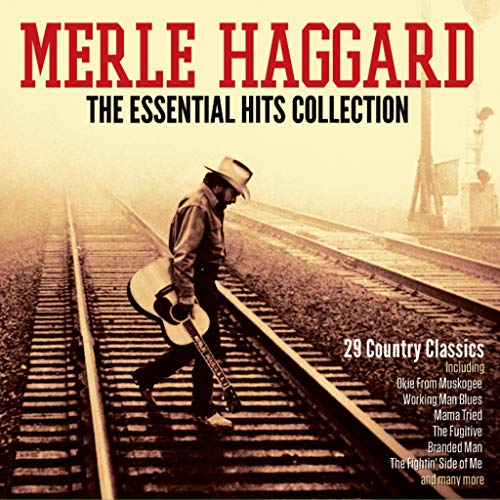 CD cover for Merle Haggard’s “The Essential Hits Collection” featuring a country scene.