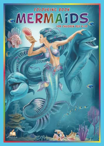 Mermaid and dolphins underwater, cover of a children’s colouring book.