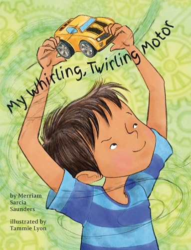Boy raising yellow toy car with swirling green background.
