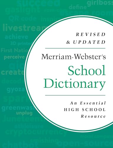 Revised and updated Merriam-Webster’s School Dictionary cover with green text background.
