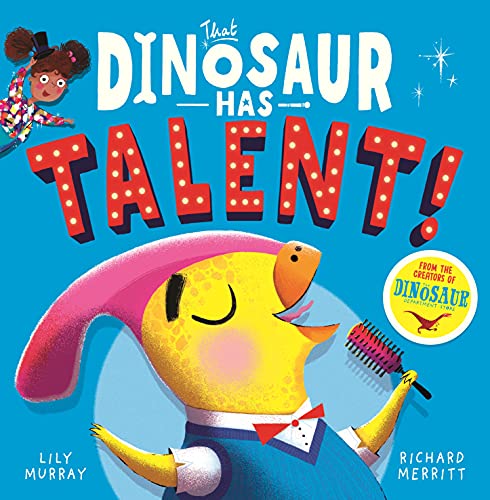 Yellow dinosaur with pink nose holding a hairbrush, book cover.