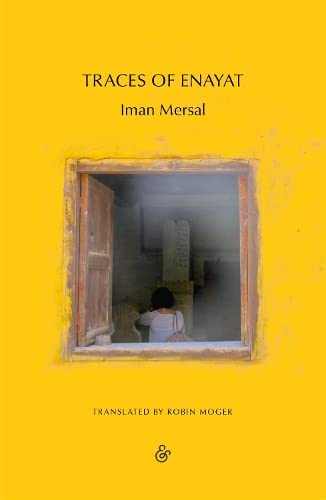 Book cover: yellow background, window view of a person by a tombstone.