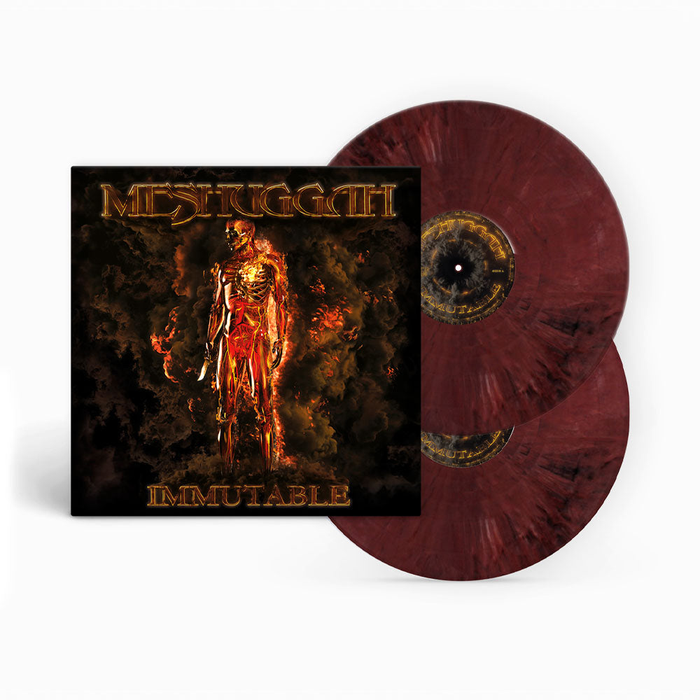 Meshuggah’s “Immutable” vinyl record with a fiery, skeletal album cover.