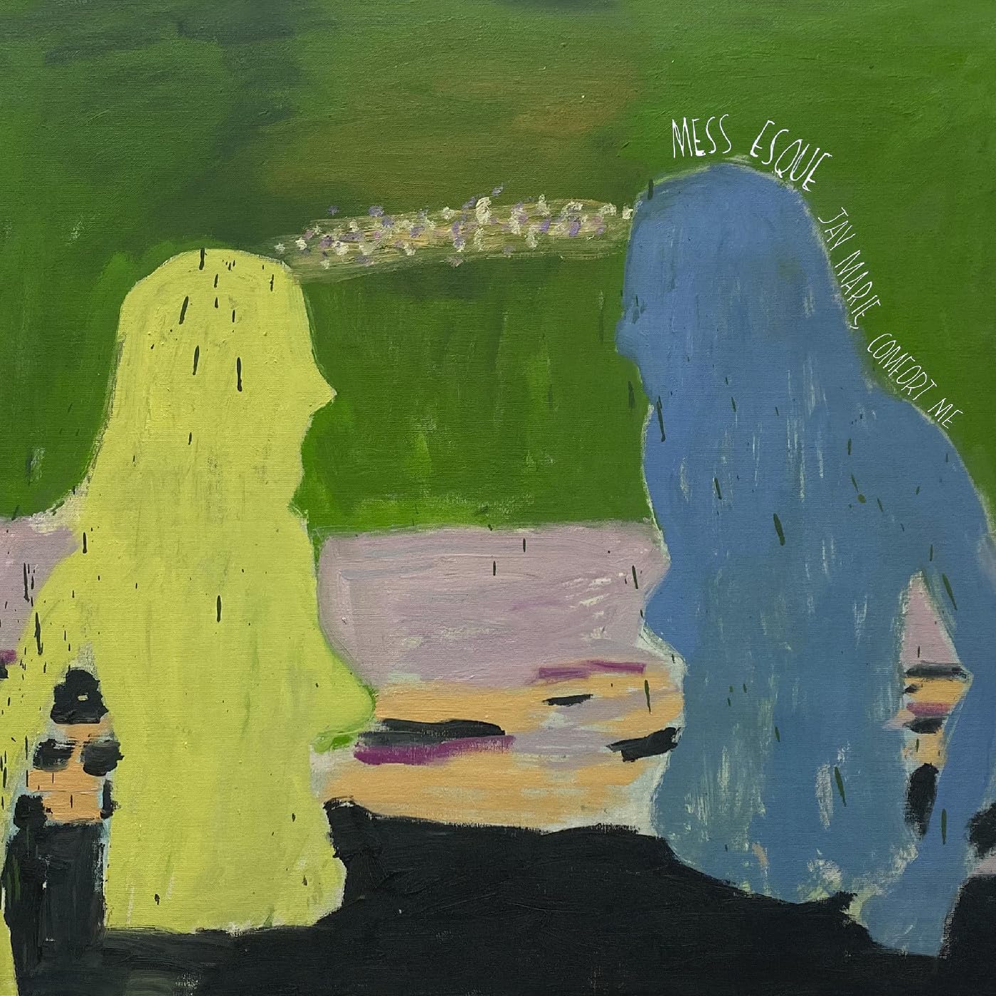 Painted album cover with two figures facing each other in a green landscape.
