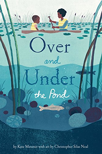 Children in a canoe over a pond with illustrated fish and plants.