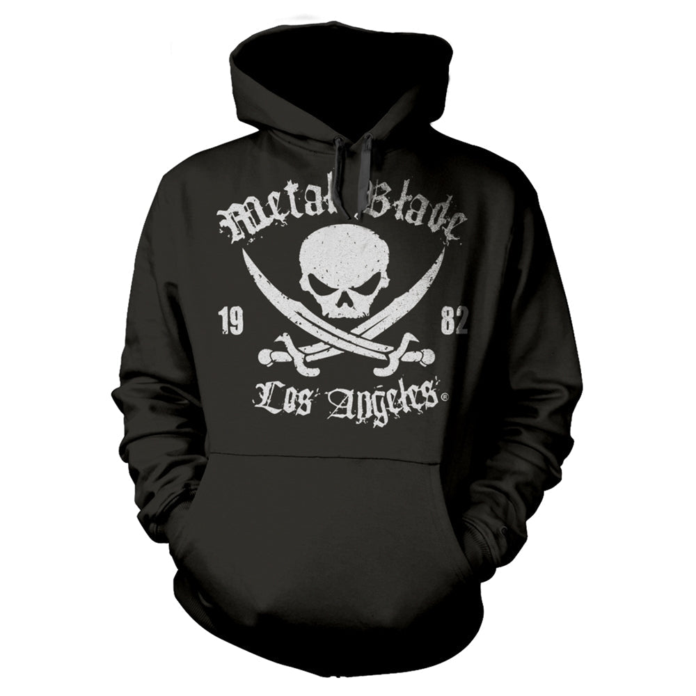 Black hoodie with white skull and crossbones, "Metal Blade" logo.