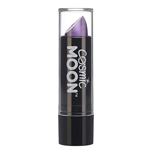 A tube of purple metallic lipstick with Cosmic Moon branding on a black case.