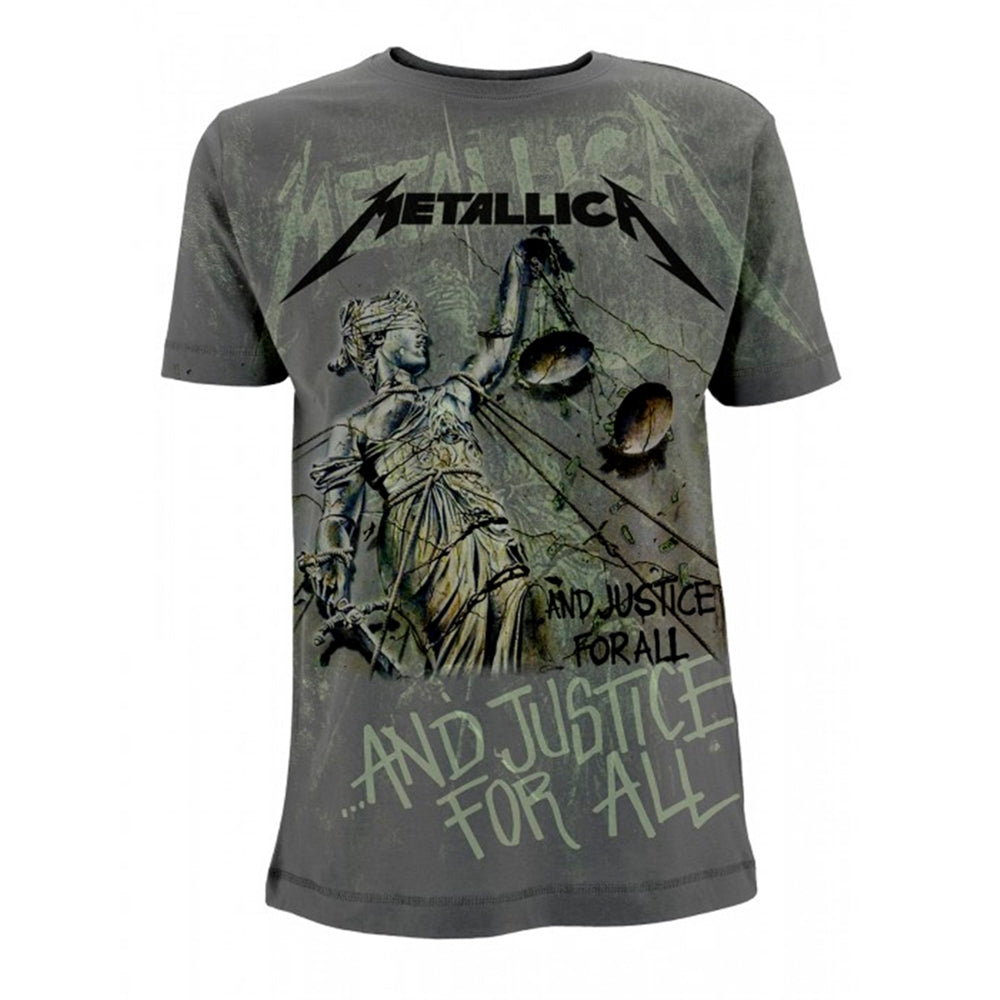 Charcoal Metallica t-shirt with justice statue and band name graphic.