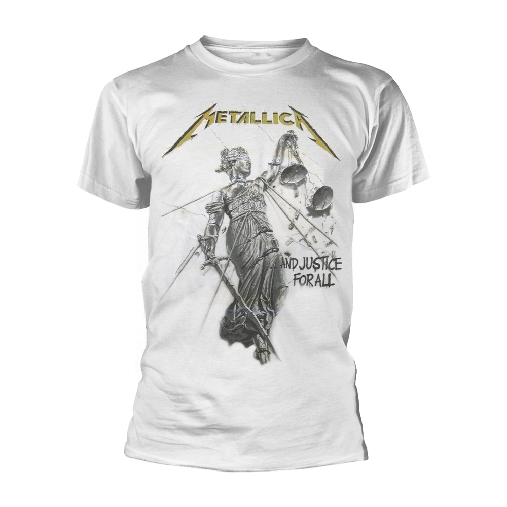 White Metallica t-shirt featuring the "Justice for All" album artwork.
