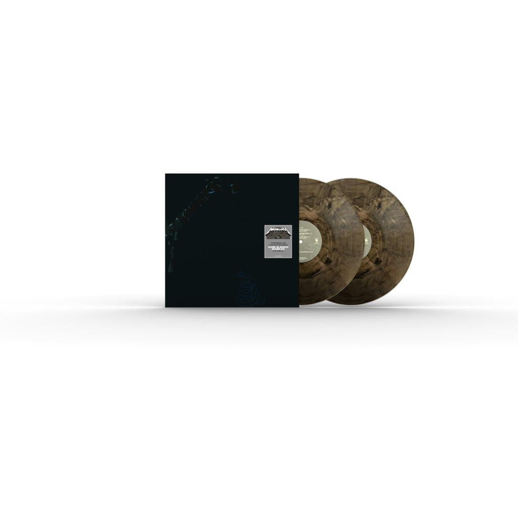 Metallica self-titled album cover with two black and brown marbled vinyl records.