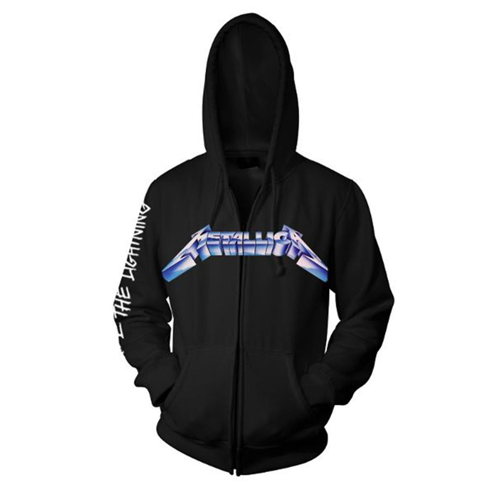 Black Metallica zip-up hoodie with album art on the chest.