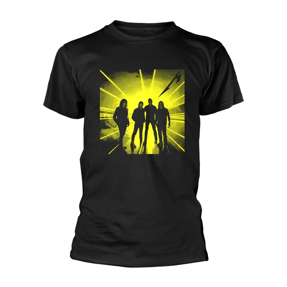 Black Metallica t-shirt with yellow “72 Seasons” album art back print.