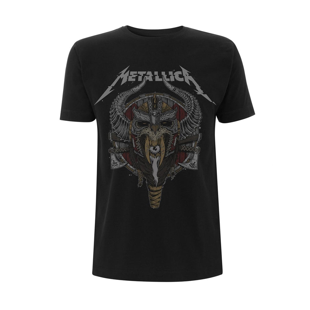 Black Metallica t-shirt with a Viking helmet graphic on the front.