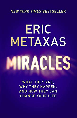 Book cover: "Miracles" by Eric Metaxas, with gold and white text on purple.