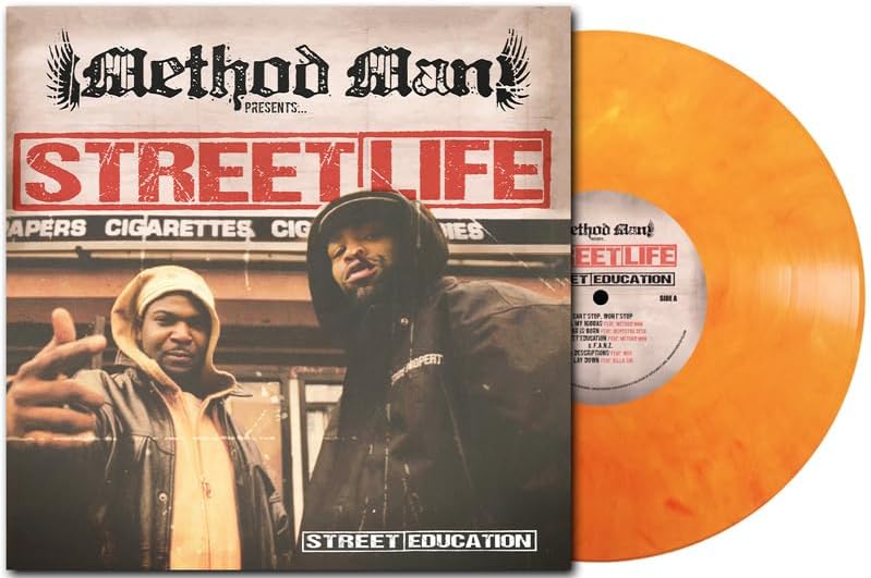 “Street Education” album cover and orange marble vinyl record by Method Man.