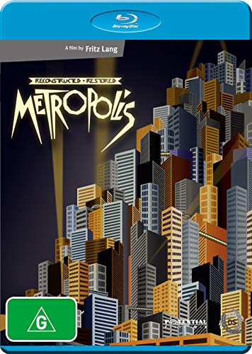 Blu-ray cover for Fritz Lang’s *Metropolis*, showing a futuristic cityscape.