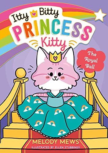 Cartoon cat in a blue gown sits on a red staircase.