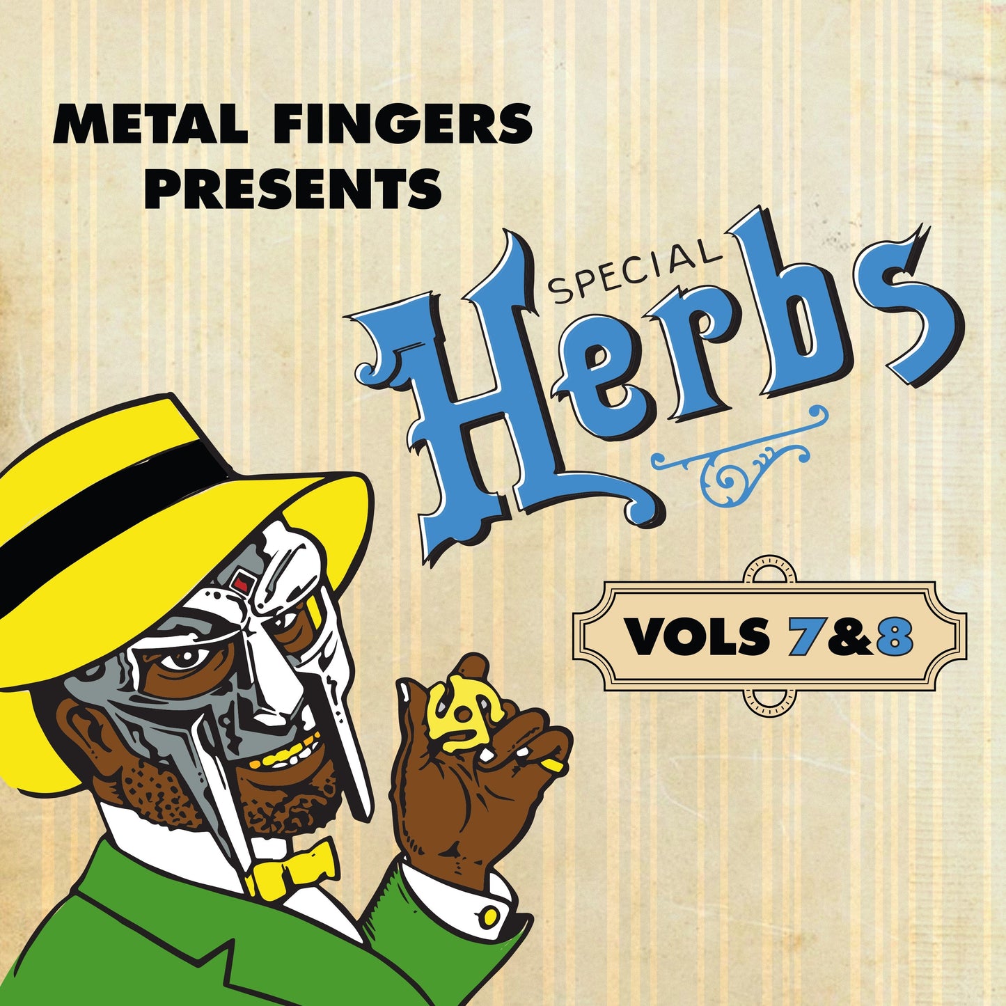 CD cover for MF DOOM’s “Special Herbs Vol. 7 & 8” featuring masked rapper art.