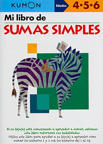 Colorful workbook cover, "Mi libro de Sumas Simples," featuring a zebra.
