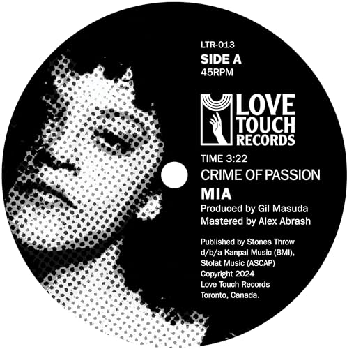Black and white vinyl record label with halftone portrait and text.