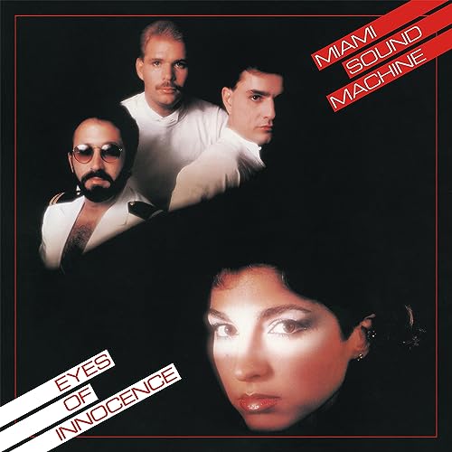 Miami Sound Machine album cover featuring three men and a woman’s face.