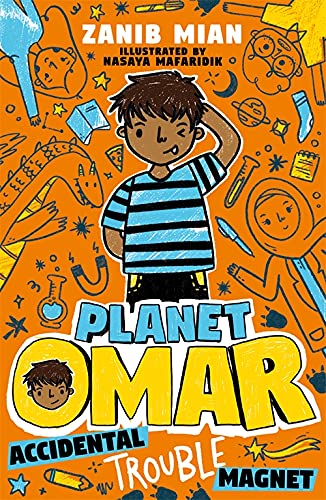 Book cover: illustrated boy with spiky hair, orange background, and title "Planet Omar".