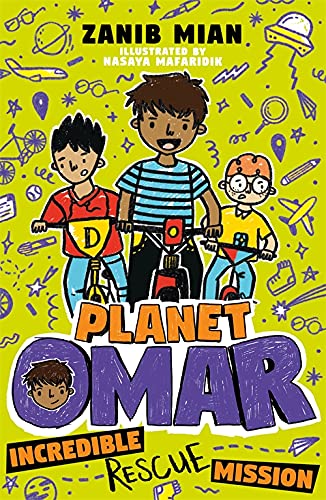 Book cover with three children and large, colorful “Planet Omar” text.