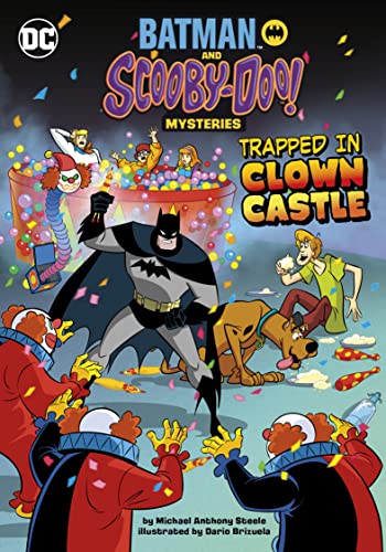 Batman, Scooby-Doo, and friends surrounded by clowns in a colorful scene.