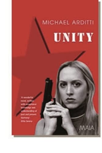 Red book cover with a woman holding a handgun, titled "Unity".