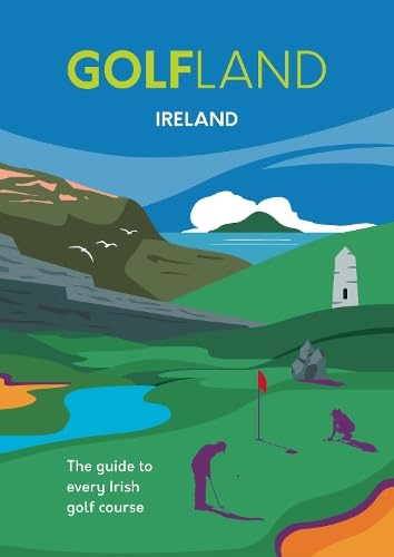 Book cover illustration of a golf course in Ireland with golfers and coastal scenery.