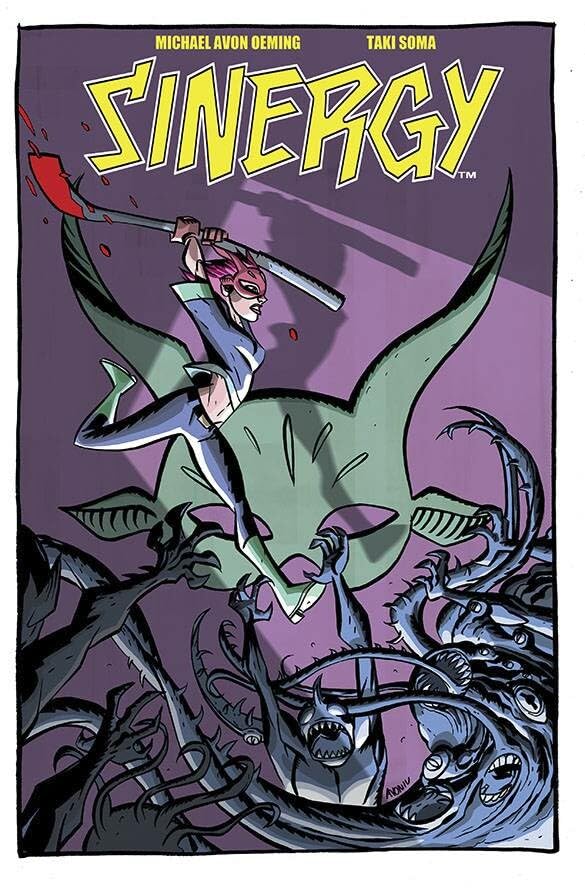 Comic book cover: woman with blades fighting monstrous plants.