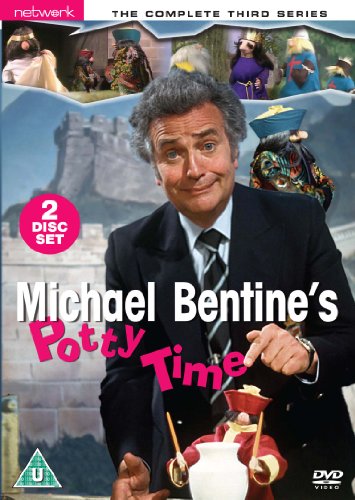 Michael Bentine in costume with puppets, DVD cover for "Potty Time" series 3.