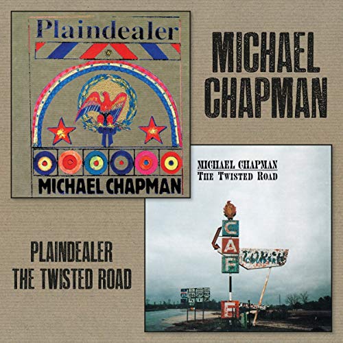 "Michael Chapman's album covers for Plaindealer and The Twisted Road on a brown background."