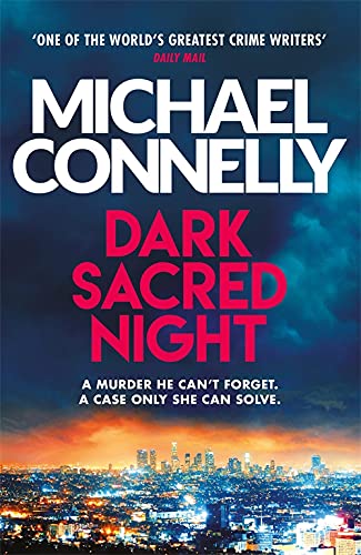 Book cover for “Dark Sacred Night” with city skyline and dark sky.