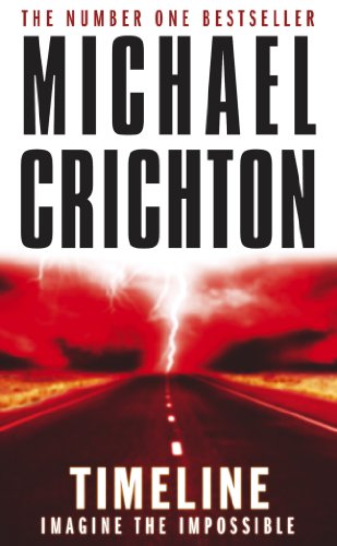 Book cover for “Timeline” by Michael Crichton, with a stormy road image.