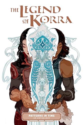 Korra and Asami facing each other with ornate, glowing blue design.