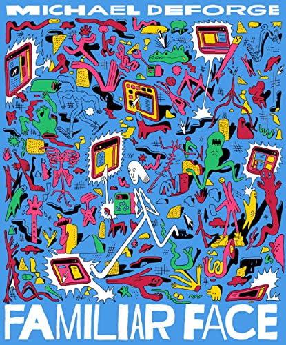 Bright blue cover with colorful, chaotic doodles and figures; "Familiar Face" text.