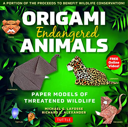Origami kit cover featuring paper models of endangered animals like tigers and elephants.