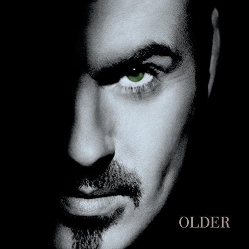 Close-up black and white portrait of George Michael, with the word "OLDER".