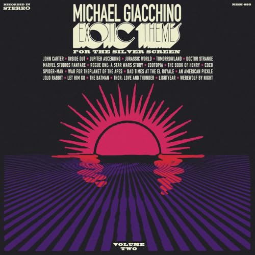 CD cover for Michael Giacchino’s “Exotic Themes for the Silver Screen,” pink sunburst.