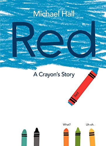 Book cover featuring a red crayon, blue scribbled background, and five colorful crayons below.