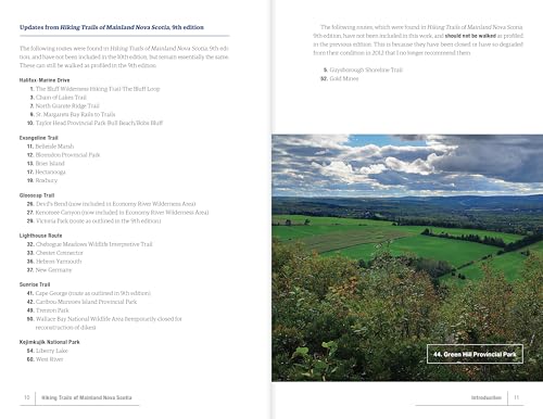Rural landscape with green fields and trees, cloudy sky, page from hiking trails guidebook.