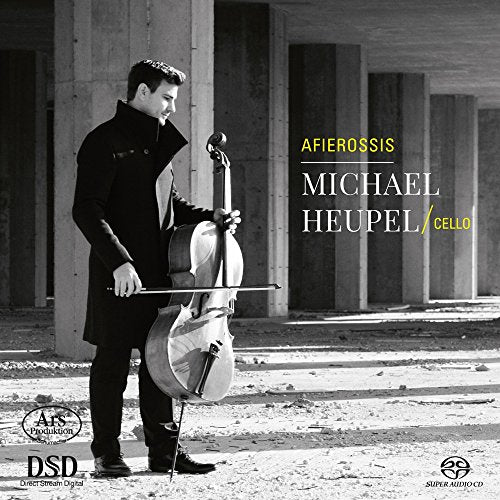 Cellist Michael Heupel in black coat with cello, album cover art.