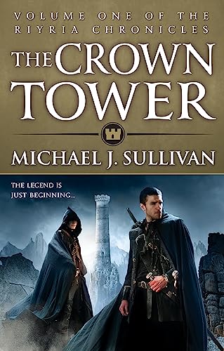 Fantasy book cover featuring two cloaked figures and a distant tower.