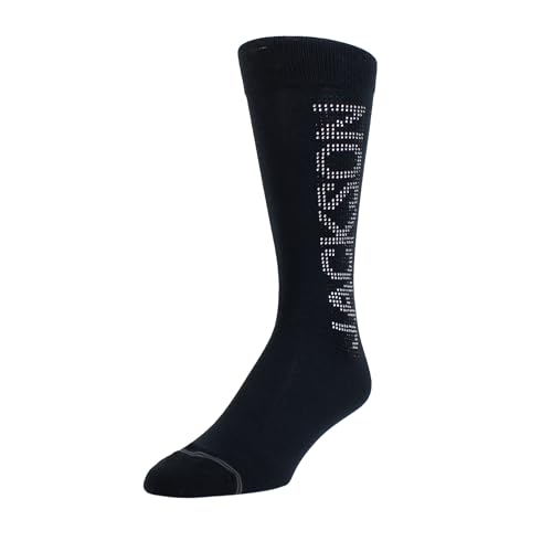 Black crew sock with “Jackson” spelled in silver crystals on the side.