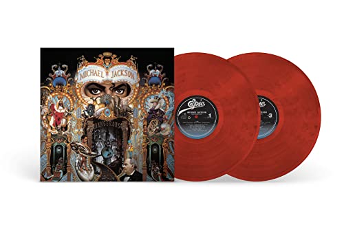 Michael Jackson Dangerous album cover with two red and black swirl vinyl records.