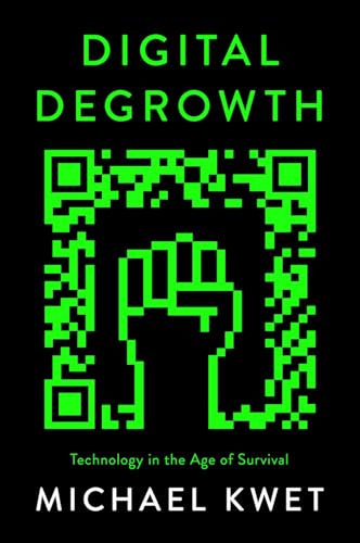 Book cover: "Digital Degrowth" with green QR code and hand graphic.