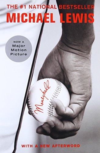 Book cover showing a hand holding a baseball with the title Moneyball written across.