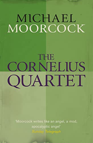 Book cover for "The Cornelius Quartet" by Michael Moorcock, green and purple.