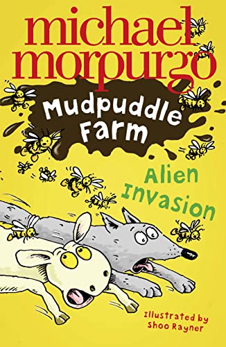Book cover: sheep and dog looking alarmed amidst flying bees.